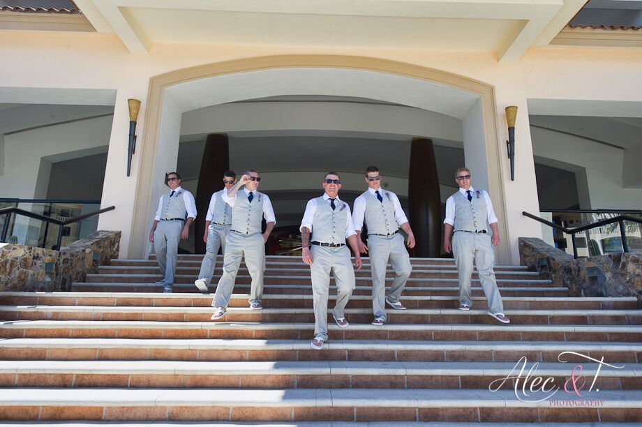 6groomsmen celebrating wedding 