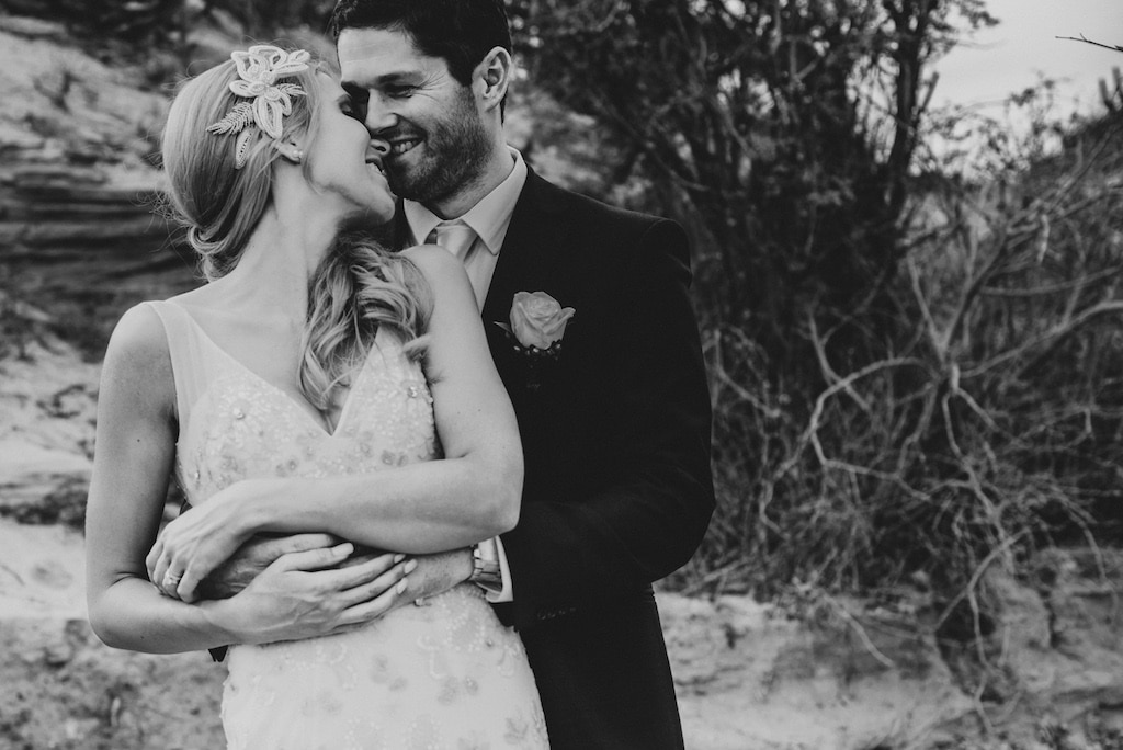 Black and white wedding photograph of couple 