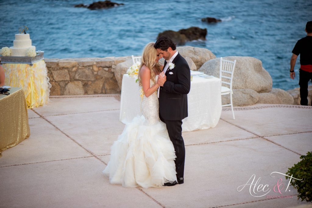 picture of bride and groom dancing during reception 
