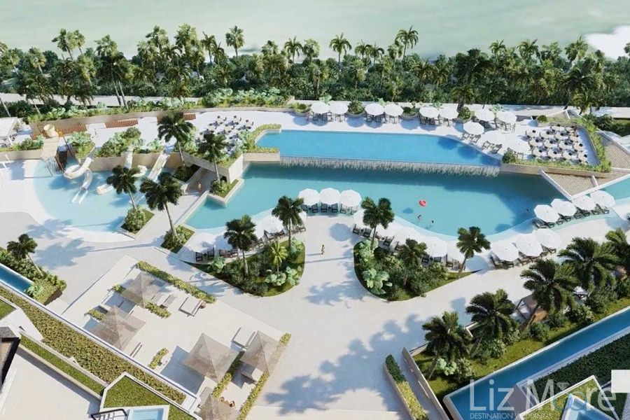Aerial view of the main swimming pool withInfinity area as well as small buildings And palm trees