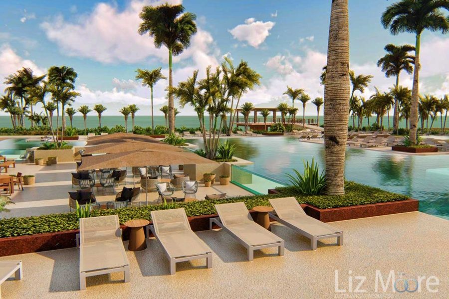 =Aerial view of lounge chairs on Terrace deck by the main pool surrounded by palm trees and turquoise ocean