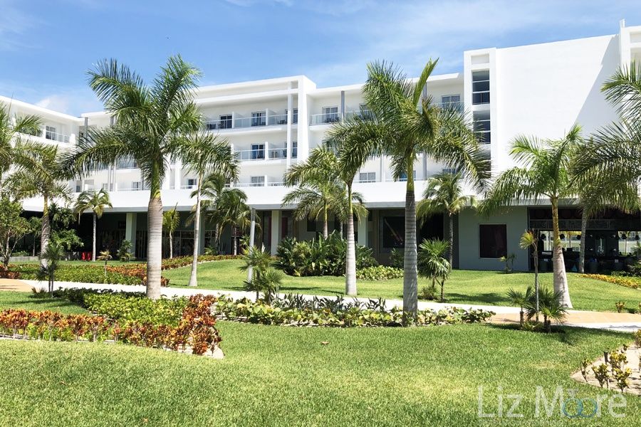 main room buildings in white with palm trees walk away and grassy garden area